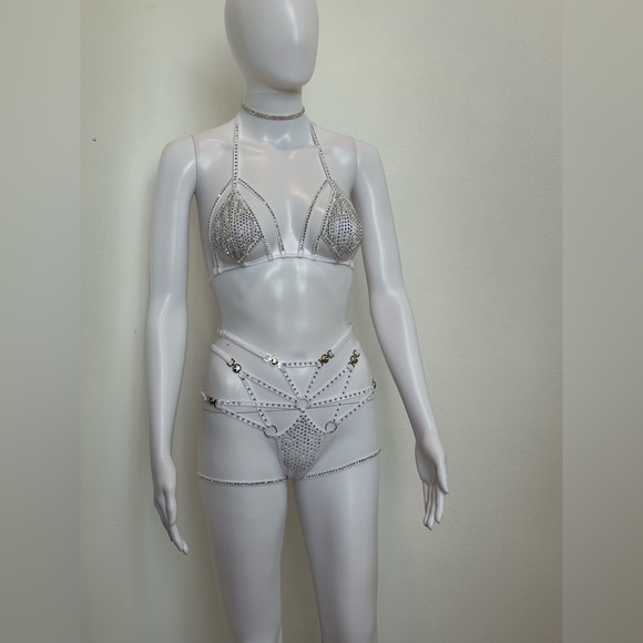 White AB Rhinestone 4 Piece Lingerie Set Bikini XS, D Cup, Festival, Rave, Dance - Picture 6 of 13